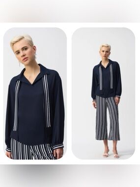 Joseph Ribkoff Midnight Blue With Striped Scarf Top